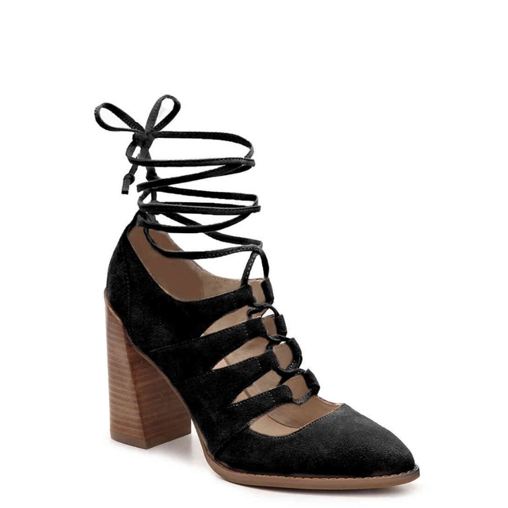 Seychelles black pointed suede laceup chunky pumps
